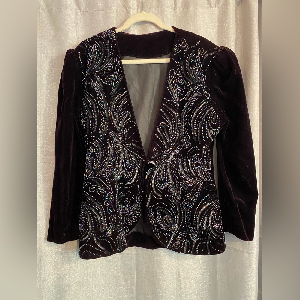 Vintage Black Velvet Blazer with Intricate Embellishments